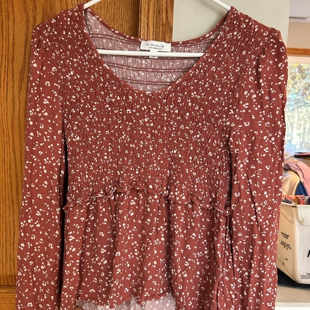Kimour Women's Brick Red Floral smocked front Blouse Cottagecore